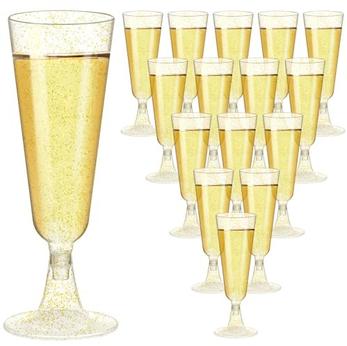 CZMAO 50 Pezzi Flute da Champagne 150 ml Bicchieri da Champagne Flute Plastica Riutilizzabili con Glitter Dorati Eleganti Calici Plastica per Matrimoni Compleanni Feste
