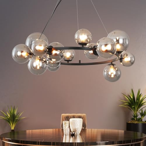 ZMH Pendelleuchte Glas Hängelampe Wohnzimmer - Hängeleuchte 14 Flammig G9 Esstischlampe Groß Esszimmer Rauchgrau Kronleuchter Glaskugel Kugel Esstisch für Hotel (Ohne Leuchtmittel)