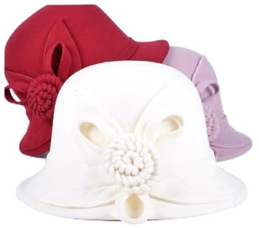 NihaoWXM Damenhut Winter Herbst Warm Damen Kirche Bowler Hüte Eleganter Fedora Hut Blume Vintage Filzkappe Fedora-Hut(White)