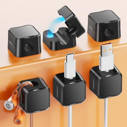 NEUTYPECHIC 6 PCS Clips de Cables, Organizador Cables Magnético Adhesivo Multiusos para Escritorio, Soporte para cables para Mesitas de Noche, Oficinas, Sujeta Cables para Hdmi USB Auriculares, Negro