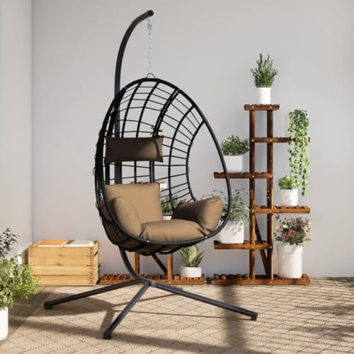 Xichuzi Hängesessel Ei-Design mit Ständer Taupe Rattan und Stahl, Garten Möbel, Hängesessel Outdoor, Jugendzimmer, Hängestuhl, Hanging Chair, Liebesschaukeln, Hängeschaukel Outdoor - 4007410