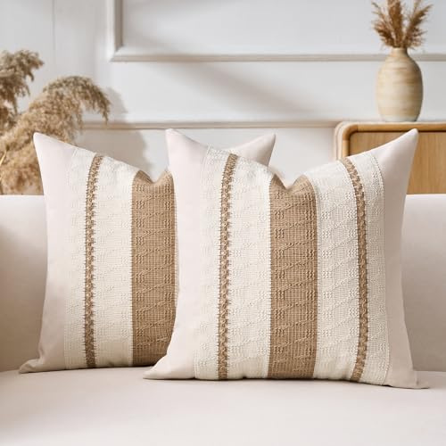 Aisybaklyn Kissenbezug 40x40 2er Dekokissen Kissenhüllen Boho Deko Baumwolle Sofakissen Braun Gestreift Gewebt Strukturiert Moderner Bauernhaus Dekorative Kissenbezüge für Sofa Schlafzimmer Wohnzimmer