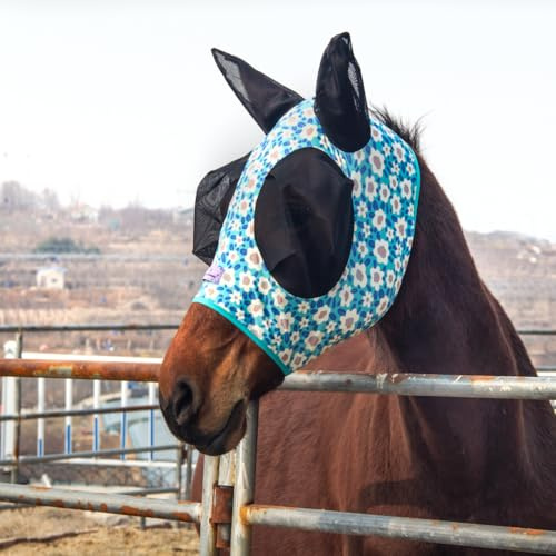 Horzmetnex stretchig hästflugmask med extra stora ögon och manöppning – mjuk, andningsbar flugmask för hästar, trasselfri design, förbättrad synlighet (blå blomma, full (stor))