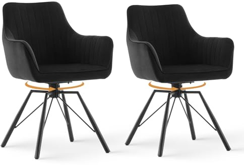 CLIPOP Esszimmerstühle drehbar, Ergonomischer Stuhl Esszimmer, Sessel Wohnzimmer, Samt Drehstuhl, Küchenstuhl, Polsterstuhl mit Armlehnen (Schwarz, 2er Set)