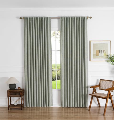 Gleantdeco 100% Verdunkelungsvorhänge 230 cm Länge Grün 2-TLG. Landhausvorhänge Wohnzimmer Dunkelheitsthermik Strukturierter Flachsleinen-Stoff Inkl. Haken & Ringen