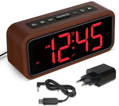 Wecker Laut für Tiefschläfer, Digitalwecker Holz mit LED Anzeige, 12 Alarm-Klingeltöne, 5 Helligkeit Einstellbar, 5 Lautstärken, Manuelles DST, Braun Wecker Retro für Schlafzimmer (Rot)