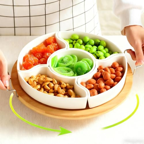 Cioquli Snackbox mit 5 Einzelnen Fächern, Keramik Herausnehmbare Snackteller mit Runder Bambusteller, Snackschale Drehbar Ø 28cm für Süßigkeiten Keksen Snacks Nüsse(Runde)