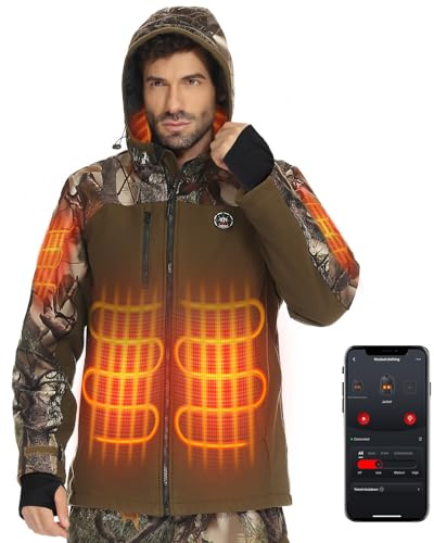 KEMIMOTO Heated Hunting Jacket for Men with 12V 20000mAh Battery Pack, Intelligent APP Temperature Control, Water-resistant and Silent Fabric Camo Heated Coat