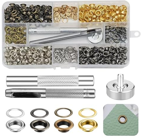 Grommets Kit, 4mm Eyelets Punch Kit Metal Grommets, 400 Pcs Brass Grommets Eyelets Set with 3Pcs Grommet Setting Tool for Fabric Leather Clothing Shoes Belt Craft Making(Silver/Green Bronze/Gold/Grey)