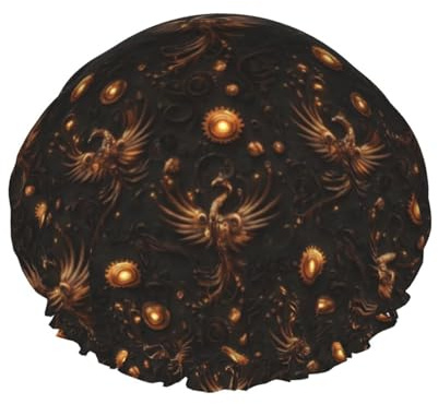 Large Shower Caps for Women Reusable - Steam Punk Bird Print Double Layer Hair Cap for Shower with Peva Lining and Elastic Rope