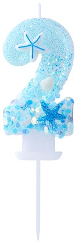 EAKE Kerze mit Meeresmotiv Nummer 2, blauer Glitzer mit Muschel- und Seestern-Dekor, perfekt für Jungen, Mädchen, 2 Jahre, Strandgeburtstagsfeiern, Kuchendekoration
