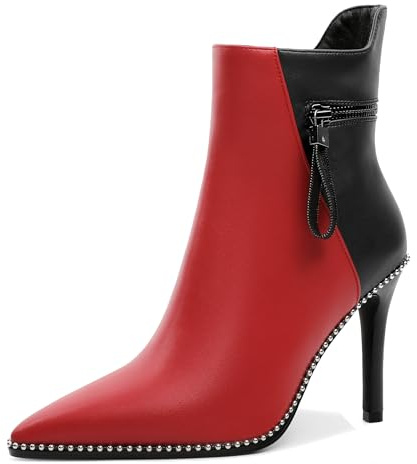 Soireelady Women's Ankle Boots Pointed Toe Stilettos High Heel Beaded Short Booties Side Zipper 4 Inches Black Red US Size 8