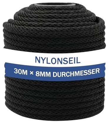 NQ Nylonseil 30m x 8mm Durchmesser, hochreißfestes Tauwerk aus Nylon, wetterfest und UV-beständig, ideal für Camping, Outdoor, Haushalt und Handarbeit DIY (Schwarz)