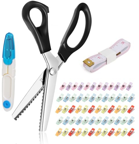 Fabric Scissors with 60 Sewing Clips: 9inch Pinking Shears for Fabric Cutting UK, Sharp Zig Zag Sewing Scissors with Sewing Snips, Measuring Tape, for Leather Fabrics Paper