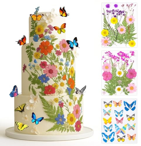 50 Piezas Decoraciones Comestibles para Tartas – Flores Secas Naturales Prensadas y Mariposas de Papel de Arroz, Adornos para Cupcakes, Pasteles de Cumpleaños, Bodas, Baby Shower, Fiesta Temática