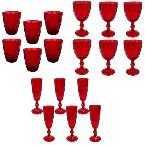 Set 18 Bicchieri Acqua calice Vino calici Spumante Rossi Eleganti in Vetro tavola natalizia Effetto Diamante Eleganti per le Feste di natale e Occasioni Speciali