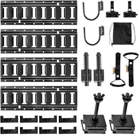 VEVOR Kit de 4 Rieles de Amarre E-Track 0,4 m, con 2 Ganchos, 2 Portaherramientas, 2 Soportes a Estantes, 2 Soportes a Neumáticos, 2 Anillas a Almacenamiento Cables, 8 Tapas de Extremo y 1 Bolsa
