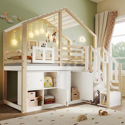 Gxffipw Kinderbett Hochbett 90x200 cm mit Dach und Treppe, Hausbett Etagenbett mit Rausfallschutz und Stauraum, Einzelbett Holzbett mit Fenster und Stauschrank, Weiß+Natur, Ohne Matratze