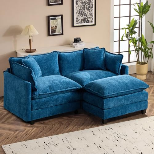 SoarFlash Modulares Wohnzimmer-Sofa, Chenille mit Doppelkissen, Blau 2-Sitzer + 1 Hocker(L)