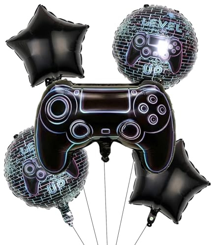 Koboko 5 Stück Gamer Deko Luftballons Geburtstag, Schwarz Gaming Controller Folienballons, Gamer Deko Helium Ballons Geburtstag, Luftballon Gamer Geburtstagsdeko Junge, Schwarz Stern Ballon Party Deko