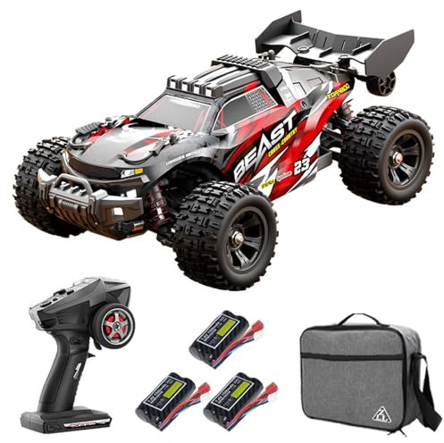 Teeggi Radiostyrd bil för vuxna 60 km/h, 1/18 4WD Off Road Race Buggy med transportväska, höghastig RC borstlös motor, vägracerbil, drift, 3 batterier (röd)