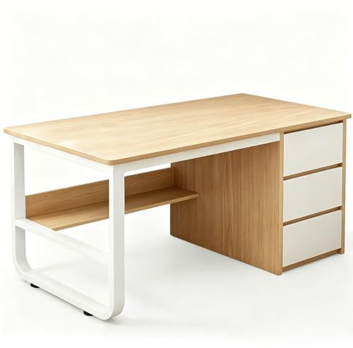 LLNWDNB Mesa de Ordenador para Oficina Mesa Escritorio de Madera Estructura Metal con 3 Cajones Estación Trabajo para Teletrabajo, Estudio, Dormitorio, Oficina En Casa A,120CM