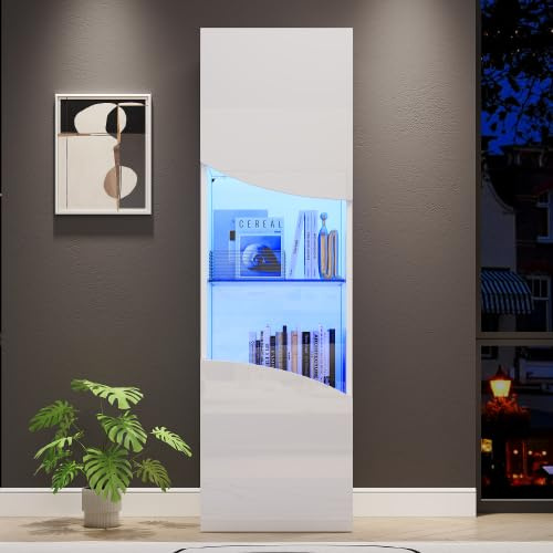 Merax LED Glasvitrine 165 cm Weiß Hochglanz, Vitrinenschrank Standvitrine mit 4 Ebenen & gehärtetem Glas, schmaler Wohnzimmerschrank mit LED Beleuchtung für Wohnzimmer Schlafzimmer Flur