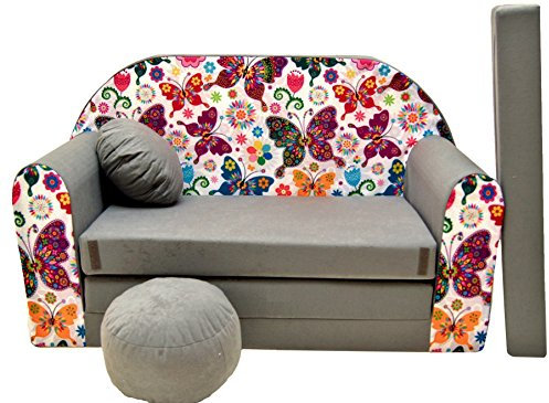 Pro Cosmo Kindersofa Bettfunktion 3in1 Sofa + Gratis Polsterhocker und Kissen Kindermöbel Set Grau A33 - Schmetterlinge