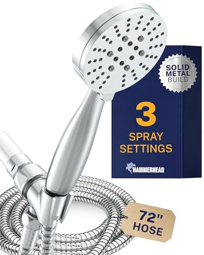 HammerHead Showers® Solid Metal 3-Spray Handheld Shower Head with Long Hose and Holder - CHROME - 2.5 GPM High Pressure Shower Head with Handheld Sprayer - WIDE, MASSAGE, and MIST Sprays