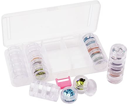 Vaessen Creative Boîte de Rangement - 25 Pots de Ø 3 cm x 1,5 cm - Plastique - 18,5 x 8,5 x 3,2 cm - pour Album Photo de Classe, Accessoires Diamond Painting et Scrapbooking