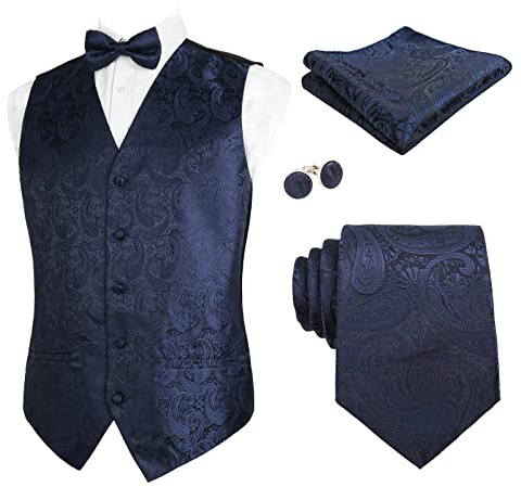 Alizeal Herren Classic 5-teiliges Paisley Jacquard Anzug Weste Set | Krawatte, Einstecktuch, Fliege, Manschettenknöpfe und Weste, lässig, Party, Hochzeit Set