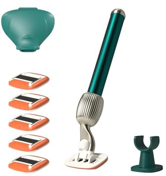 Fler The Razor Shave Set - Rasoio Donna con Testine Intercambiabili, Rasoio con Supporto, 6 Lamette di Ricambio e Custodia Protettiva, Rasoi Unisex, Lametta con Aloe Vera, Vitamina E, Verde Pine