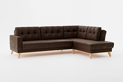 CAVADORE Ecksofa Lima mit Ottomane / L-Form-Couch in Wildlederoptik mit Schlaffunktion + Bettkasten / Holzrahmen + Steppung im Rücken / Mikrofaser, Dunkelbraun