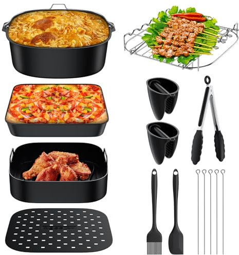 FUNYKICH Quadrat Airfryer XXL Zubehör mit Airfryer Silikonform 21cm, Heißluftfritteuse Zubehör für XXL 4.2-5.8L COSORI, Philips, Tefal, Ninja, Tower und andere XL 4.5-6.8L Luftfritteusen (9-Stücke)