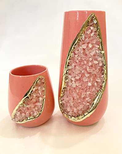 Pink and Gold Ceramic Vase/Planter/Pot/Wine Goblet/Mug with Rose Quartz Semi - Precious Agate Crystal Gemstones |Small (Height 4 inches), (Gold - Finish)