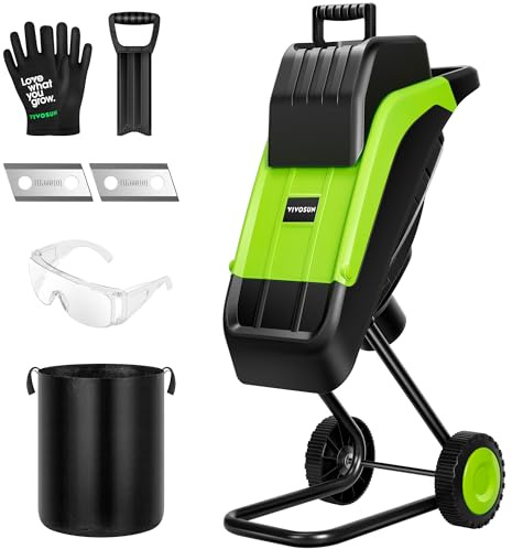 VIVOSUN 15-Amp Electric Wood Chipper Shredder with 1.57 Hopper & 50L Collection Bag, Includes Plunger, Extra Carbon Blades, Safety Goggles & Gloves for Yard Waste, Branches, and Leaves (Green)