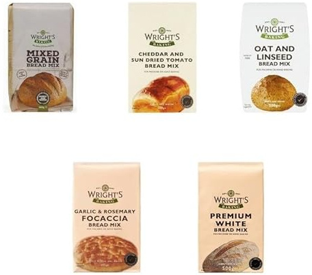 Wright's Bread Mix Selection Pack 5X500g | Premium White, Mixed Grain, Garlic & Rosemary Focaccia, Cheddar & Sun Dried Tomato, Oat & Linseed | Easy to Bake at Home | Fresh Tasty Loaves- (NP)