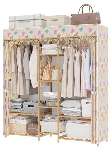 CHEMYO Kleiderschrank aus Bambus-Massivholz mit 8 Aufbewahrungsplattformen, 161 x 150 x 41 cm, 360-Grad-versiegelt, großes Fassungsvermögen, multifunktionaler Aufbewahrungsstoff, Kleiderschrank, S