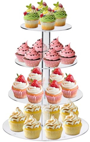 LOSYHU Cupcake Stand 4 Tier Cake Stand, Reusable Cake Dessert Tower Clear Cupcake Display Tower Tiered Cupcake Holder Acrylic Cupcake Tower Display for Birthday Party Wedding Baby Shower