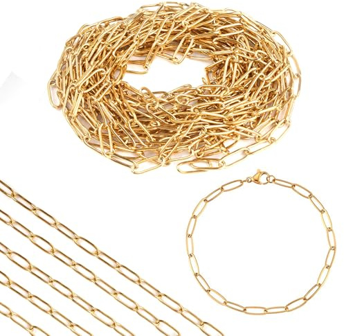 TESSTSY rostfritt stål gem kedja, 3,6 m gyllene gem länkkedjor | Gör-det-själv gem kedja, kedja av gem kedjor, gem kedjespole, för hantverk armband smyckestillverkning choker