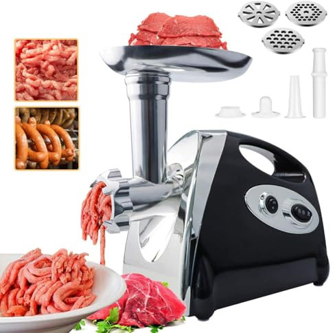 Tritacarne Elettrico, Tritacarne 3 in 1, Kit per Insaccare Salsicce e Kubbe, Tritacarne per Alimenti, Macchina per Insalata, Passapomodoro in Acciaio Inossidabile per Uso Domestico in Cucina black