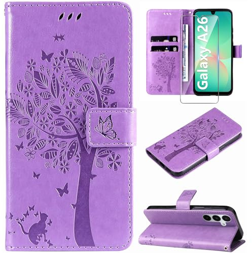 Hancda Case for Samsung Galaxy A26 5G Phone Cover,Purple | Wallet with Tempered Glass Screen Protector,Card Holder Slot,Flip PU Leather Magnetic Closure,Shockproof Flowers Design Shell