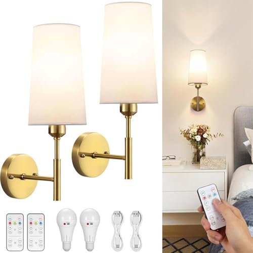 AoLa Innen Akku Wandleuchte Vintage Industrial Wandlampe Ohne Stromanschluss E27 Dimmbar Bettleuchte Wand Mit Fernbedienung USB Aufladbar Wandbeleuchtung Für Schlafzimmer Wohnzimmer 2 Pieces,Gold
