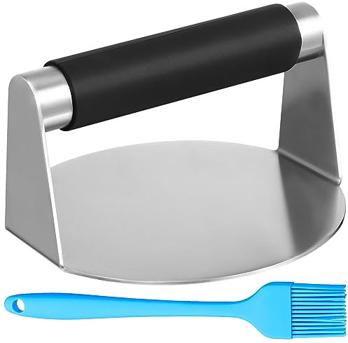Gatuida Presse à Burger Acier Inoxydable avec Manche Silicone Antidérapant Et Brosse Barbecue Ustensile Multifonction pour Steak Viande Et Smash Burger