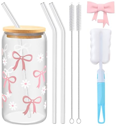 Glass Becher mit Deckel und Strohhalm, 16 oz / 500 ml Trinkgläser mit Tassenbürste, Strohhalm-Bürste, Rosa Strohhalmdeckel mit Schleife, Iced Coffee Glass für Smoothie Kaffee Cocktails Tea und Mehr