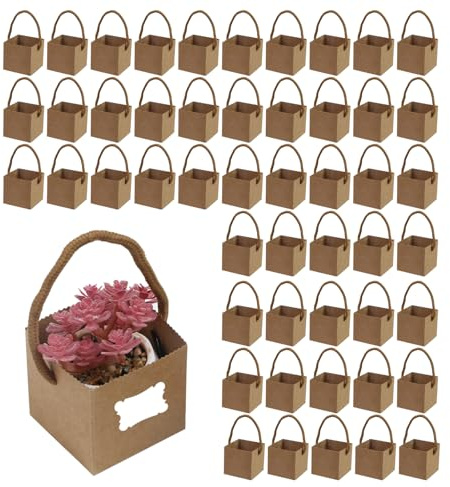 Crapyt 40 sacchetti per piante grasse con 4 adesivi, 6,5 cm x 6,5 cm x 6,5 cm, mini scatole di carta kraft marrone per piante, confezioni regalo per piante grasse sfuse per matrimoni, feste