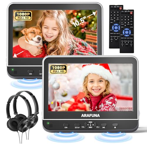 ARAFUNA 10.5 Portable DVD Player for Car with 1080P Full HD HDMI Input, Car DVD Player Dual Screen with Mounting Bracket, Headrest DVD Player Support Last Memory, USB/SD Card