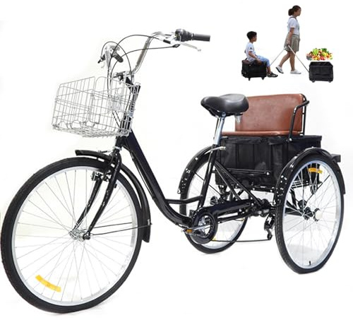 24-Tums Vuxen Trehjuling, 7-Växlad Cykel Med 3-Hjulscykel Med Baksäte Och Lastkorg, Tandemtrehjuling, Med Känslig Broms, Maximal Belastning 136 Kg, Cykelcykel För Utomhussport Och Shopping