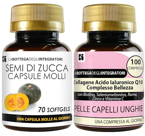Semi di Zucca 70 Softgels e Collagene Acido Ialuronico Coenzima Q10 Complesso Bellezza con Biotina Zinco Selenio Metionina Rame Vitamina C 100 Compresse | Bellezza Pelle Unghie Capelli Antiossidante