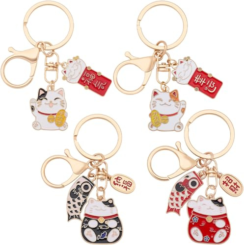 BEAMARKER 4 llavero de Gato de la Suerte, Amuleto Japonés de Gato para la Riqueza Y la Fortuna, Llaveros Feng Shui Maneki Neko, Amuleto de la Fortuna con Pez para Bolsos, Mochilas, Año Nuevo, Cumpleañ